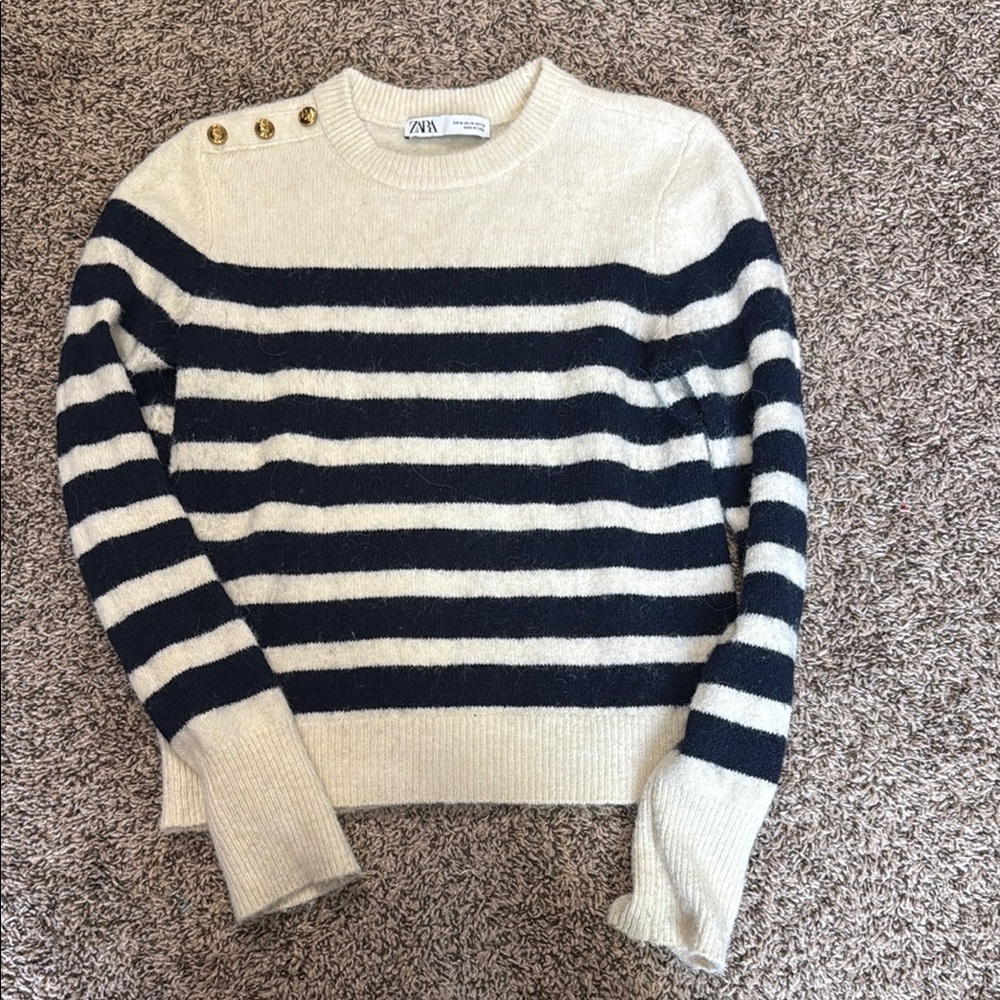 Zara Cream and Blue Crew Neck Sweater with Classic Stripes